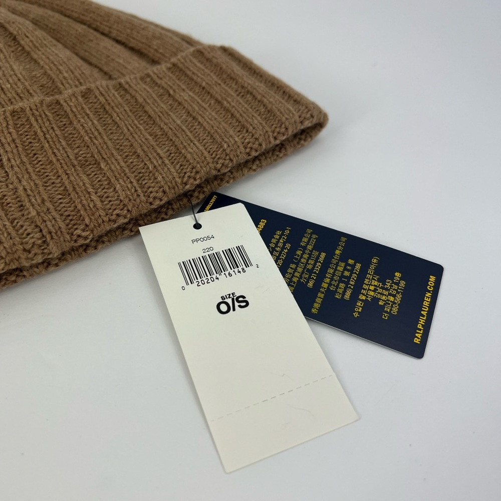 POLO RALPH LAUREN, LIGHT BROWN BEANIE, ONE SIZE FITS, 50% WOOL 50% NYLON, UNISEX - Picture 11 of 17
